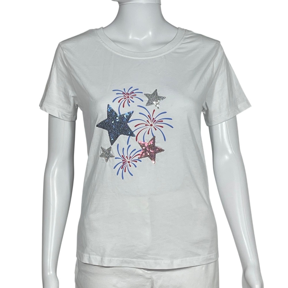 Remi James NYC Womens PS Sequin Star Fireworks Short Sleeve Tee Patriotic Cotton